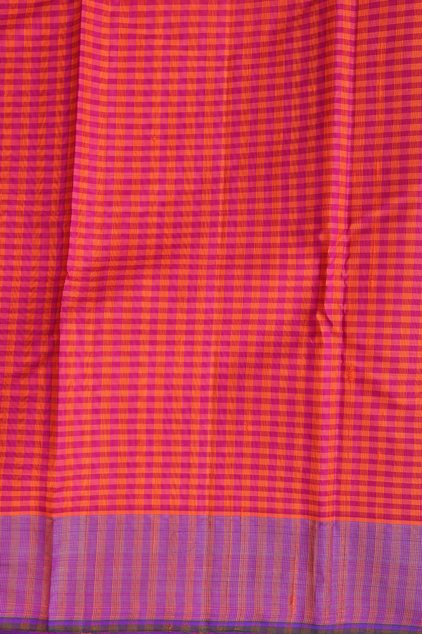 Kanchipuram Silk Saree In Orange And Pink With Checks Design