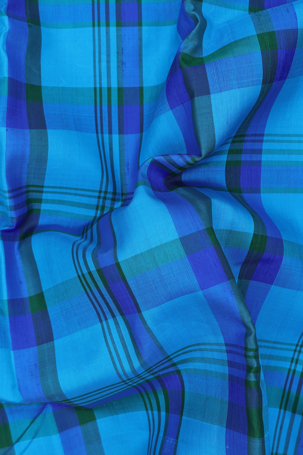 Kanchipuram Silk Saree In Blue And Green With Checks Design