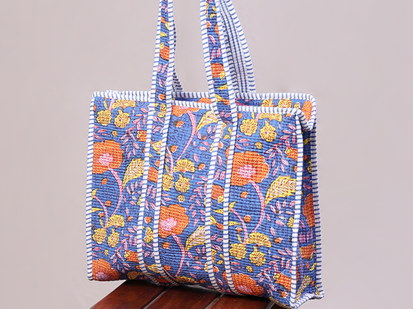 Floral Printed Design Blue Cotton Hand Bag