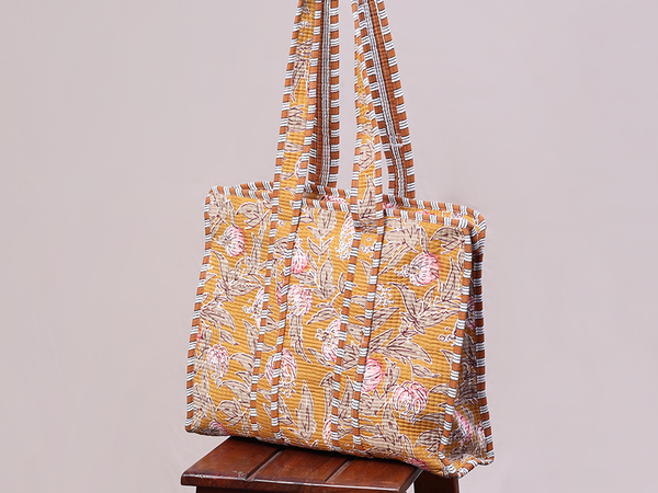 Floral Printed Design Orange Cotton Hand Bag