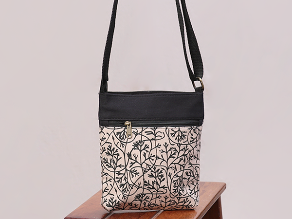 Printed Design Beige Cotton Sling Bag