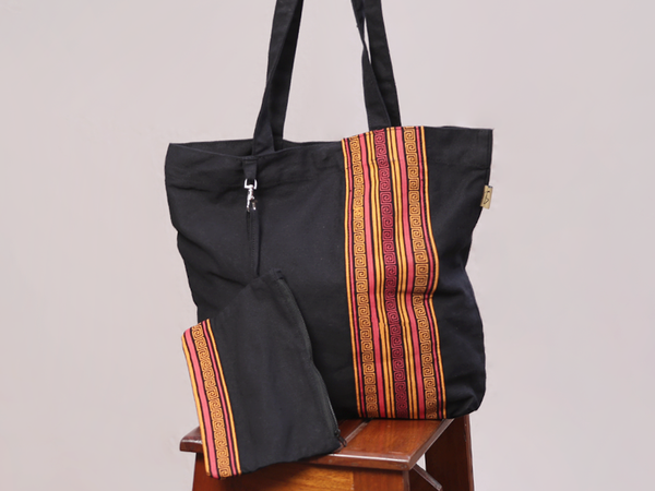 Printed Design Black Cotton Hand Bag