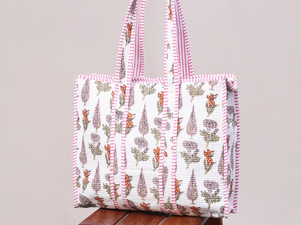 Floral Printed Design White Cotton Hand Bag