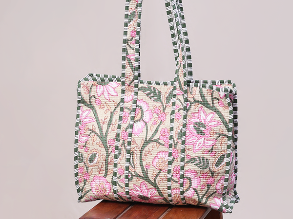 Floral Printed Design Green Cotton Hand Bag