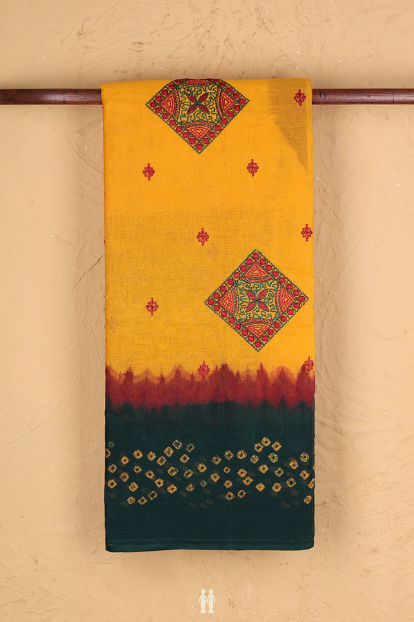 Ahmedabad Cotton Saree In Royal Orange With Patch Work