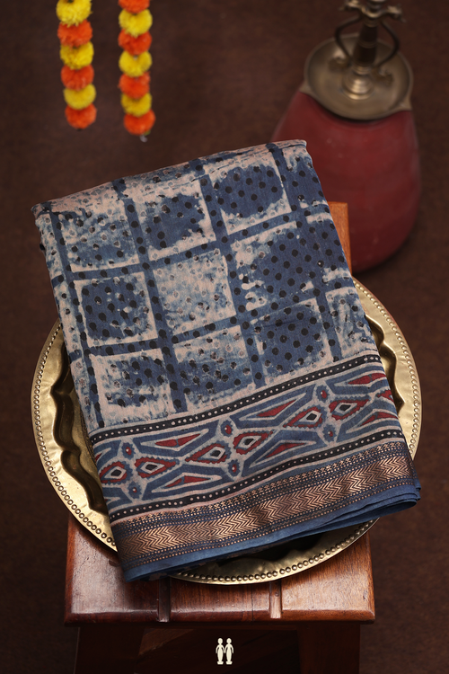 Ajrakh Cotton Saree In Capri Blue With Printed Design