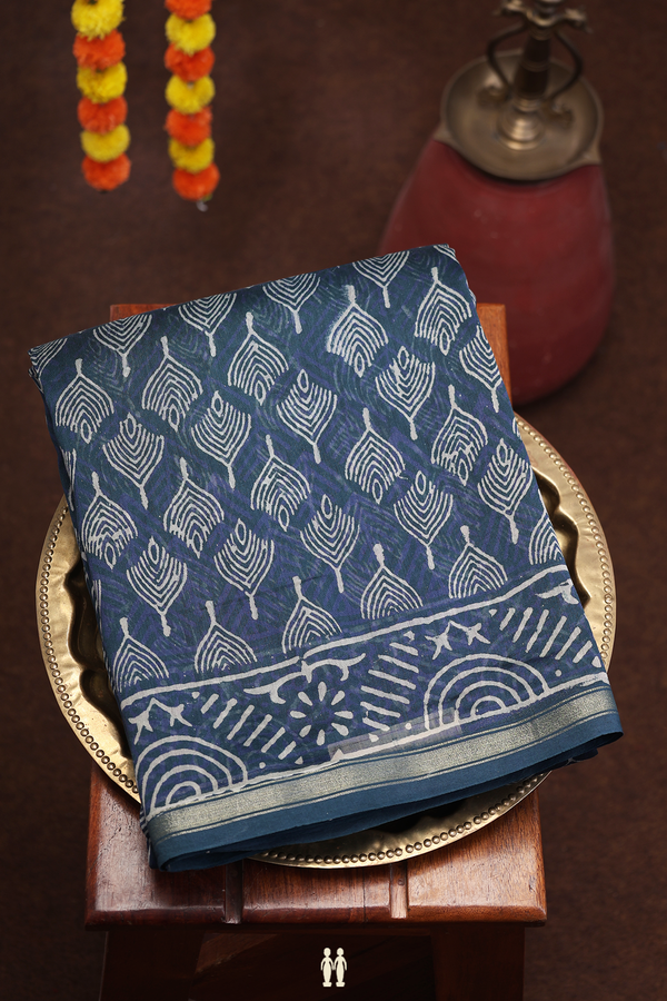 Ajrakh Cotton Saree In Capri Blue With Allover Design