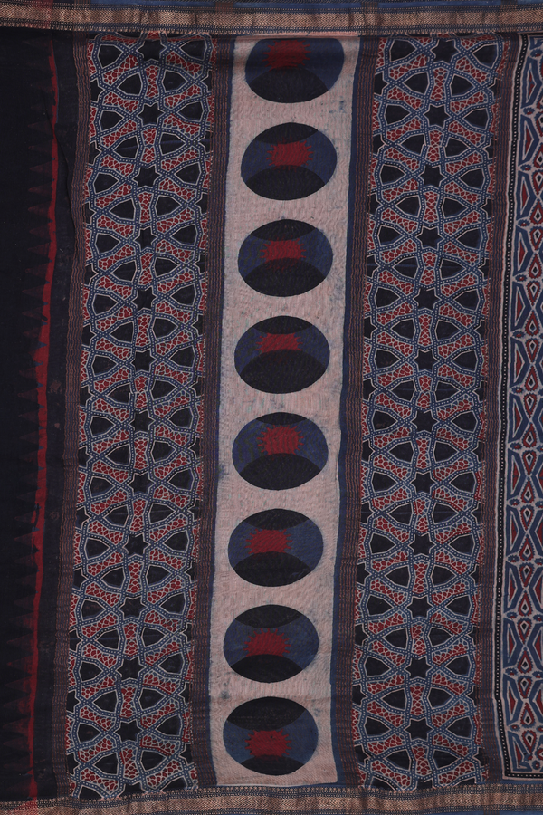 Ajrakh Cotton Saree In Capri Blue With Printed Design