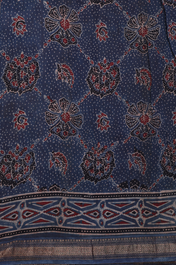 Ajrakh Cotton Saree In Capri Blue With Printed Design