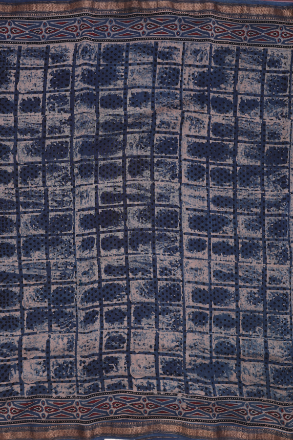 Ajrakh Cotton Saree In Capri Blue With Printed Design