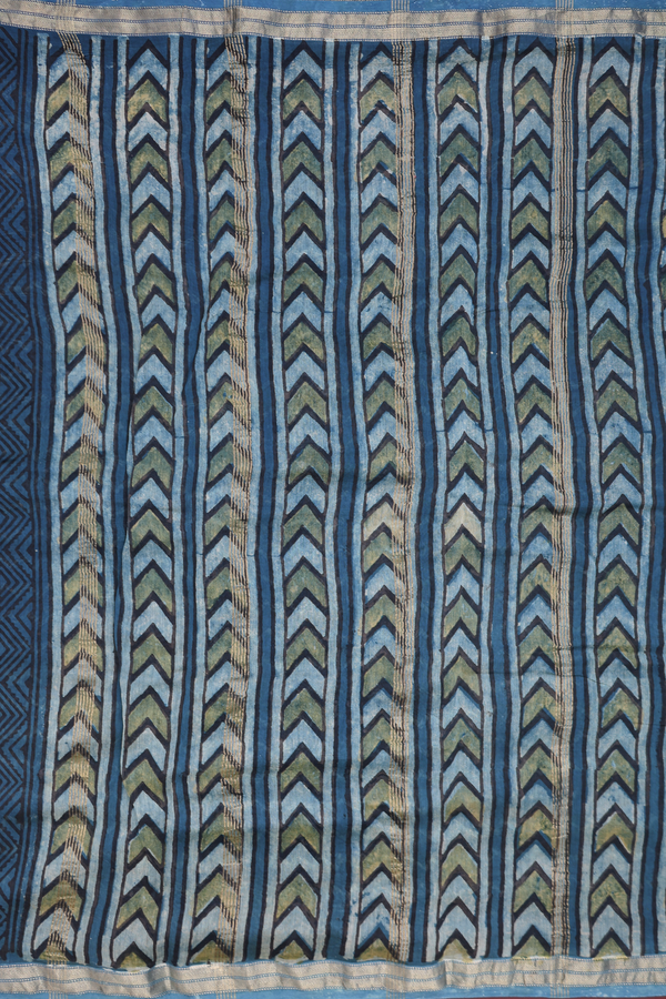 Ajrakh Cotton Saree In Capri Blue With Printed Design