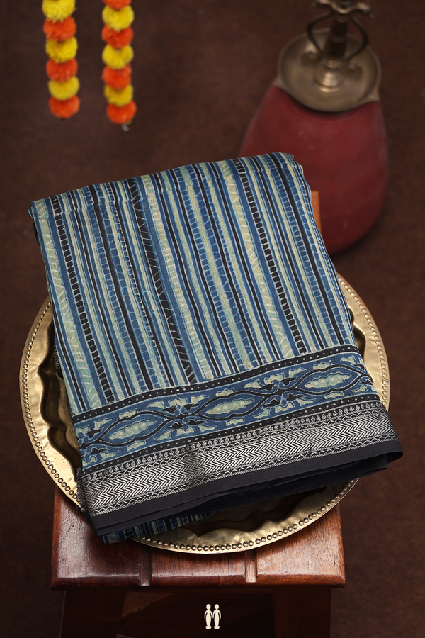 Ajrakh Cotton Saree In Capri Blue With Stripes Design