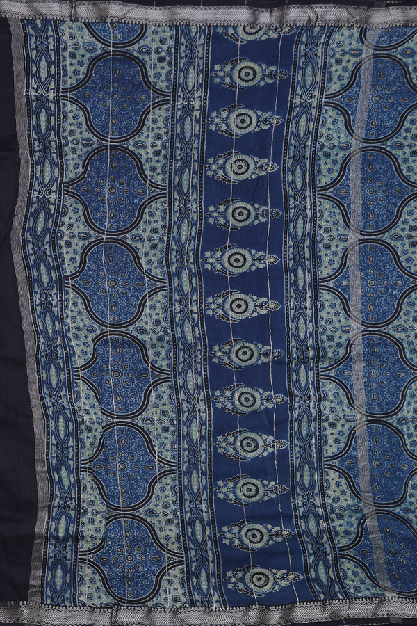 Ajrakh Cotton Saree In Capri Blue With Stripes Design