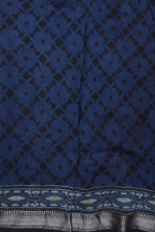 Ajrakh Cotton Saree In Capri Blue With Stripes Design