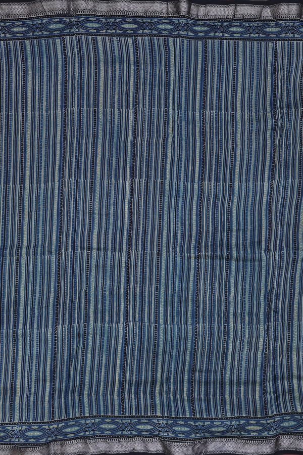 Ajrakh Cotton Saree In Capri Blue With Stripes Design