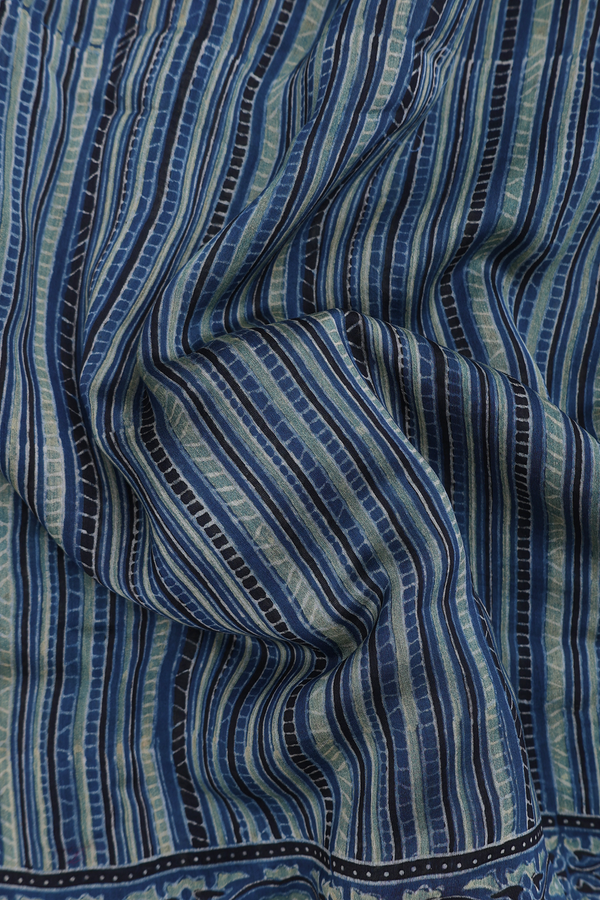Ajrakh Cotton Saree In Capri Blue With Stripes Design