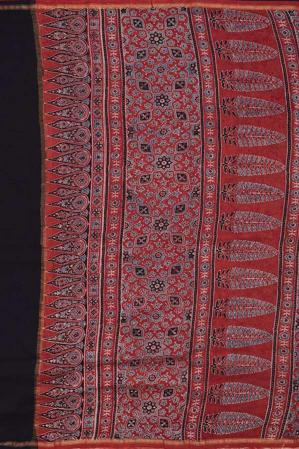 Ajrakh Cotton Saree In Coffee Brown With Floral Design