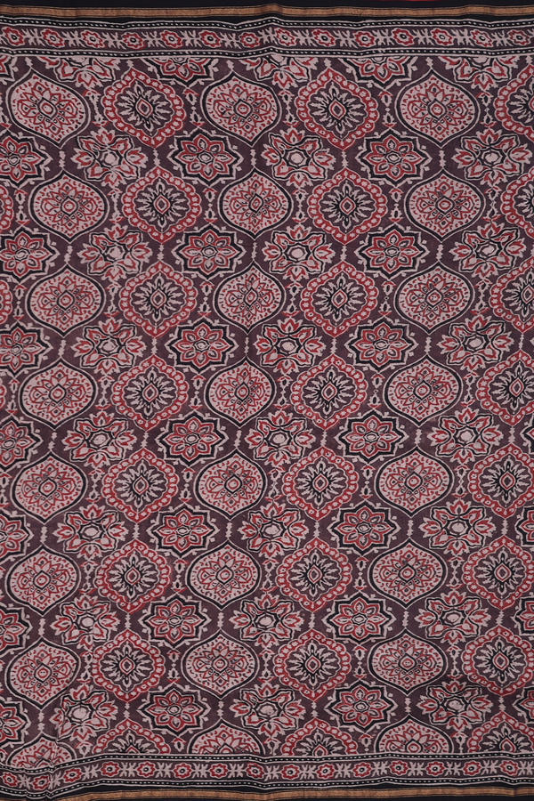 Ajrakh Cotton Saree In Coffee Brown With Floral Design