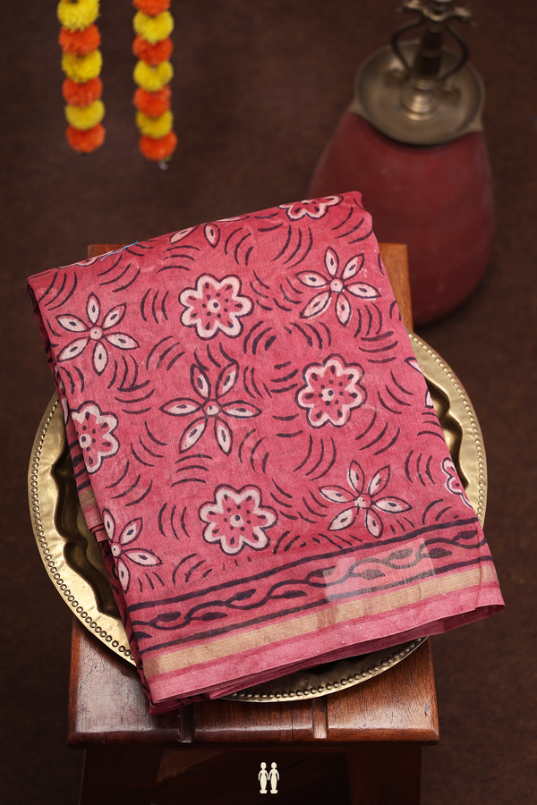 Ajrakh Cotton Saree In Dusty Red With Floral Design