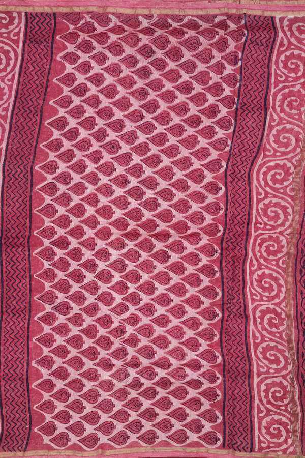Ajrakh Cotton Saree In Dusty Red With Floral Design