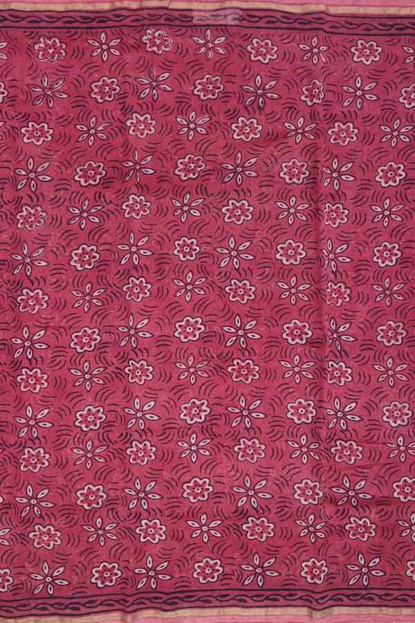 Ajrakh Cotton Saree In Dusty Red With Floral Design