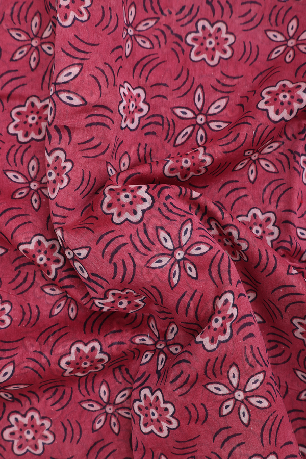 Ajrakh Cotton Saree In Dusty Red With Floral Design