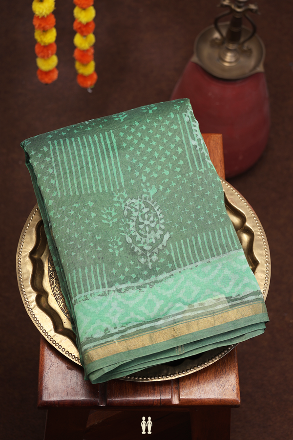 Ajrakh Cotton Saree In Greenish Grey With Printed Design