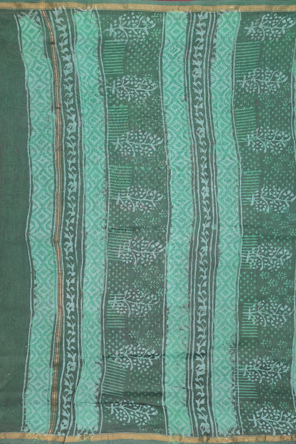 Ajrakh Cotton Saree In Greenish Grey With Printed Design