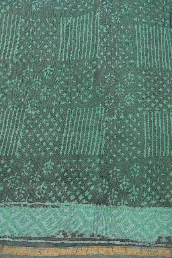 Ajrakh Cotton Saree In Greenish Grey With Printed Design