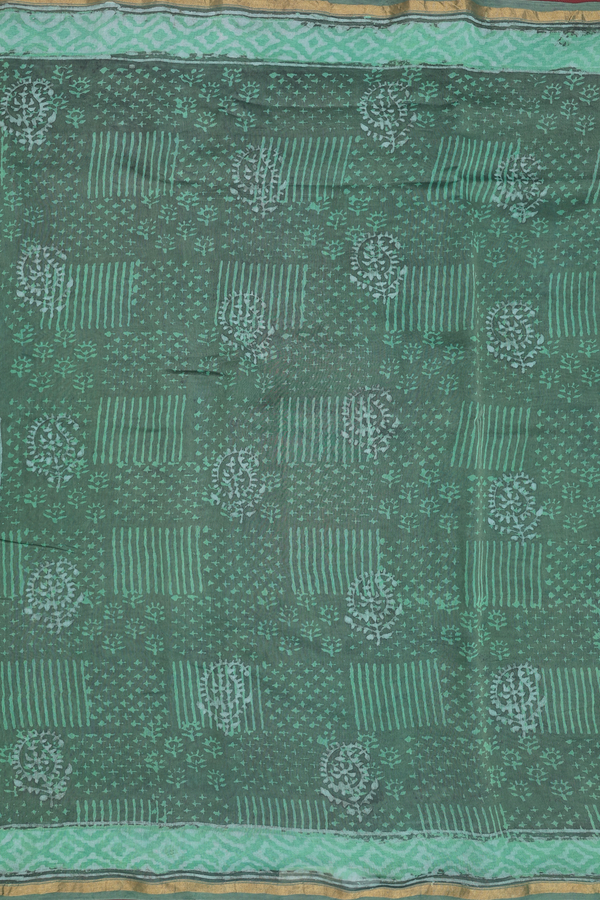 Ajrakh Cotton Saree In Greenish Grey With Printed Design