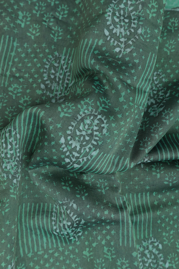 Ajrakh Cotton Saree In Greenish Grey With Printed Design