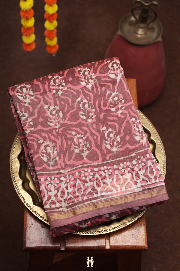 Ajrakh Cotton Saree In Plum Brown With Printed Design
