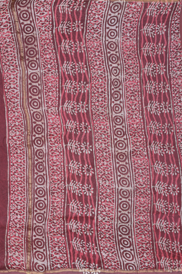 Ajrakh Cotton Saree In Plum Brown With Printed Design