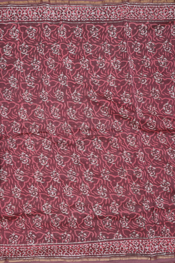 Ajrakh Cotton Saree In Plum Brown With Printed Design