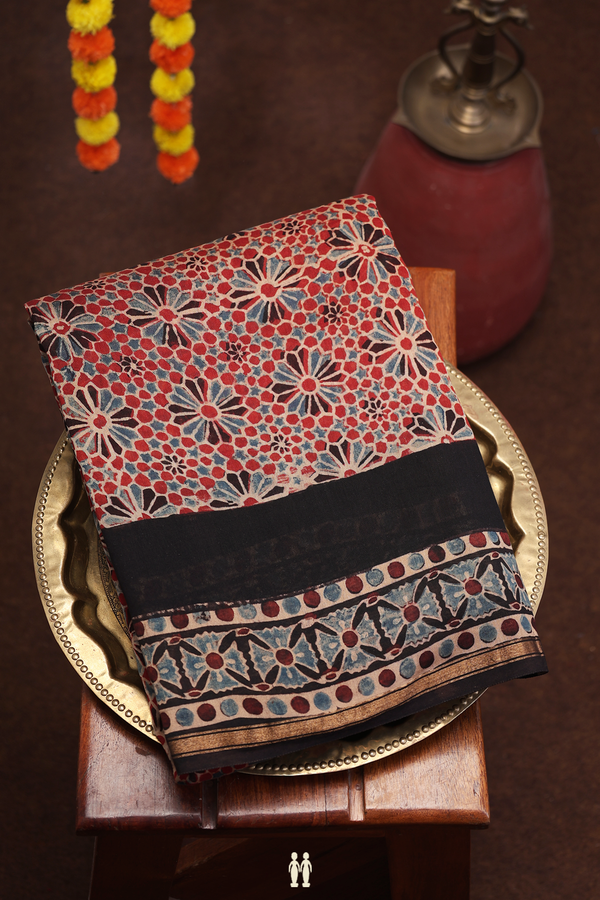 Ajrakh Cotton Saree In Red With Floral Design