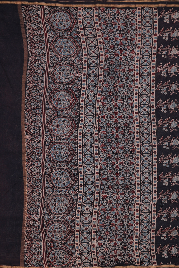 Ajrakh Cotton Saree In Red With Floral Design