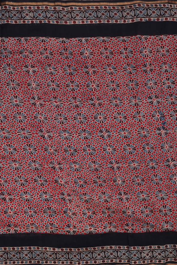 Ajrakh Cotton Saree In Red With Floral Design
