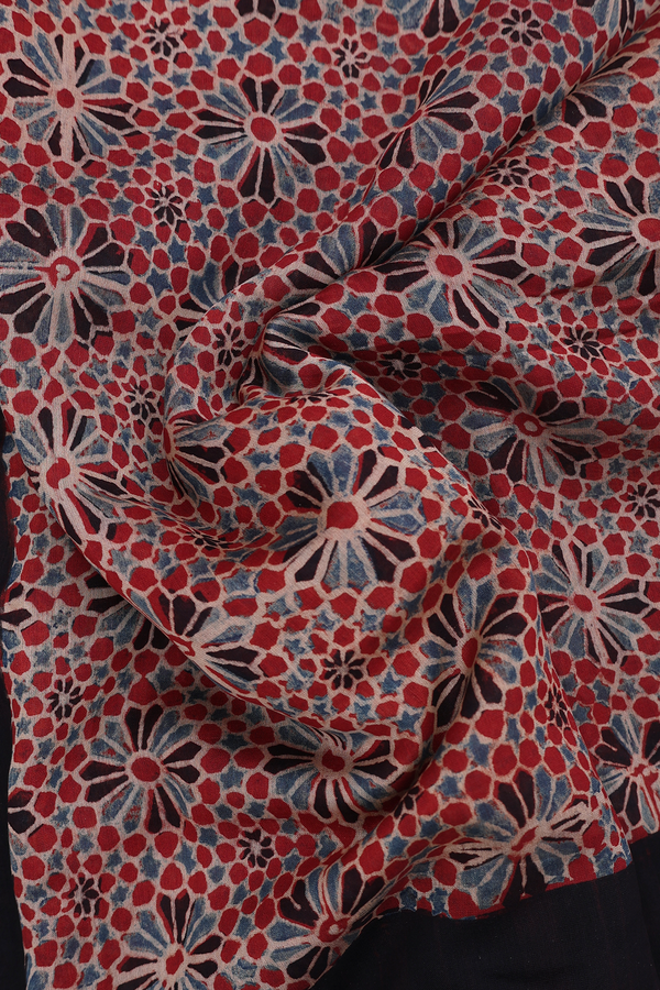 Ajrakh Cotton Saree In Red With Floral Design
