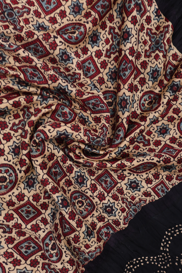Ajrakh Printed Design Beige Bandhani Dupatta