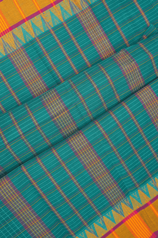 Allover Checks Design Dark Sea Green Narayanpet Cotton Saree