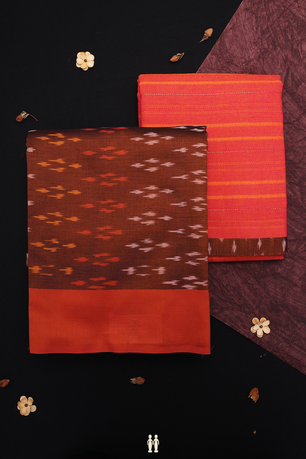 Allover Design Brown Pochampally Cotton Half Saree Material