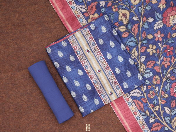 Printed Design Blue Silk Cotton Unstitched Salwar Material