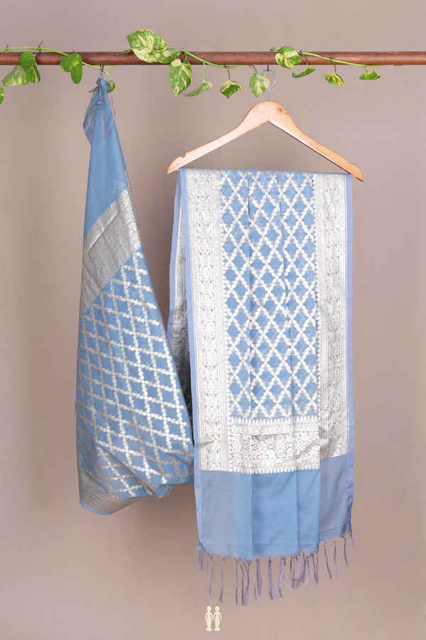 Allover Diamond Design Dusty Blue Semi Banarasi Silk Dupatta