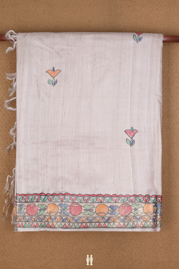 Allover Floral Buttas Beige Tussar Madhubani Silk Saree