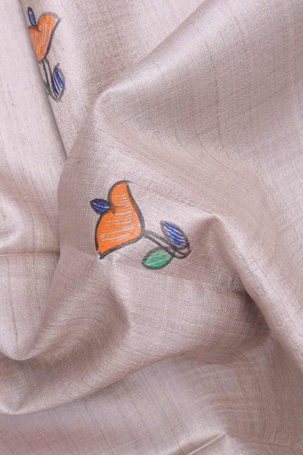 Allover Floral Buttas Beige Tussar Madhubani Silk Saree