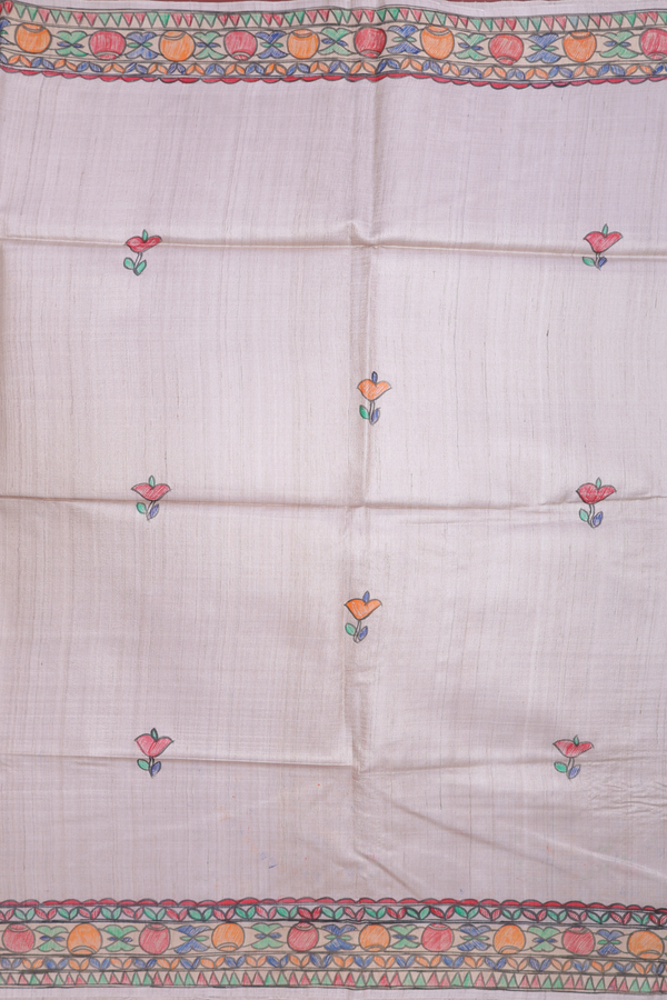 Allover Floral Buttas Beige Tussar Madhubani Silk Saree