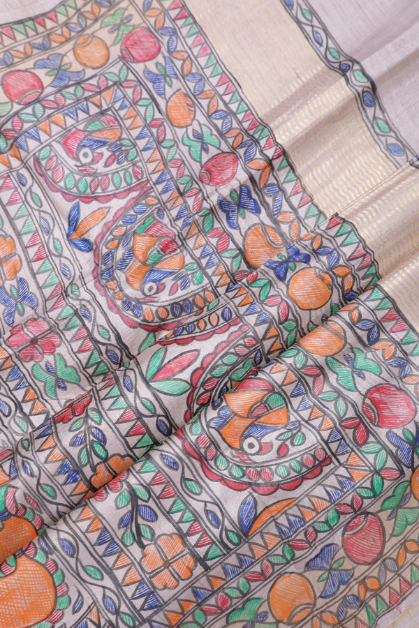Allover Floral Buttas Beige Tussar Madhubani Silk Saree