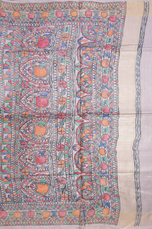 Allover Floral Buttas Beige Tussar Madhubani Silk Saree