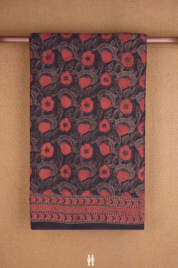 Allover Floral Design Black Ajrakh Printed Cotton Saree