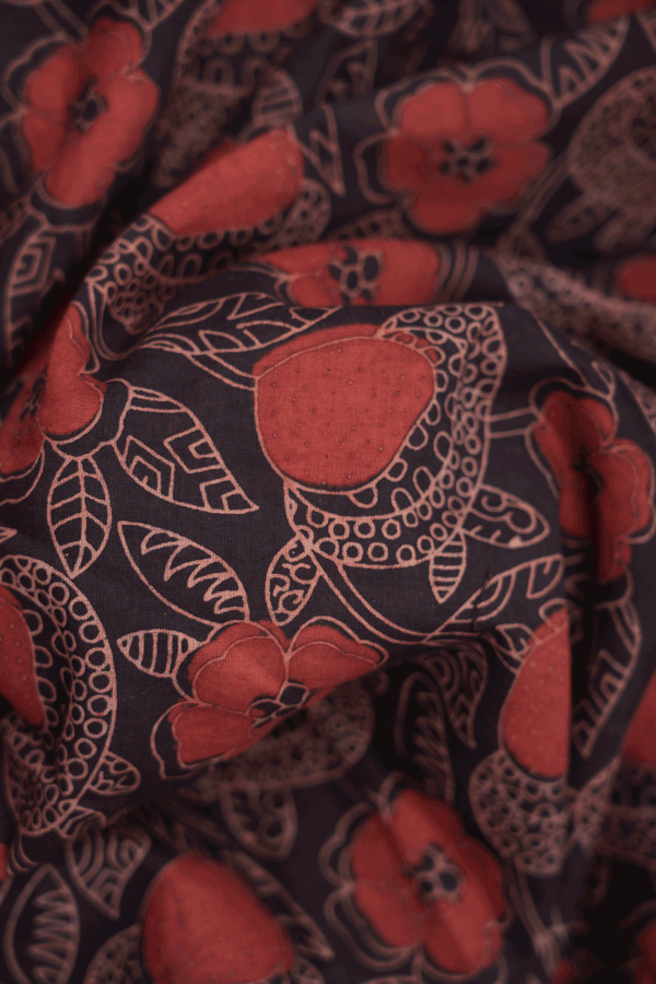 Allover Floral Design Black Ajrakh Printed Cotton Saree